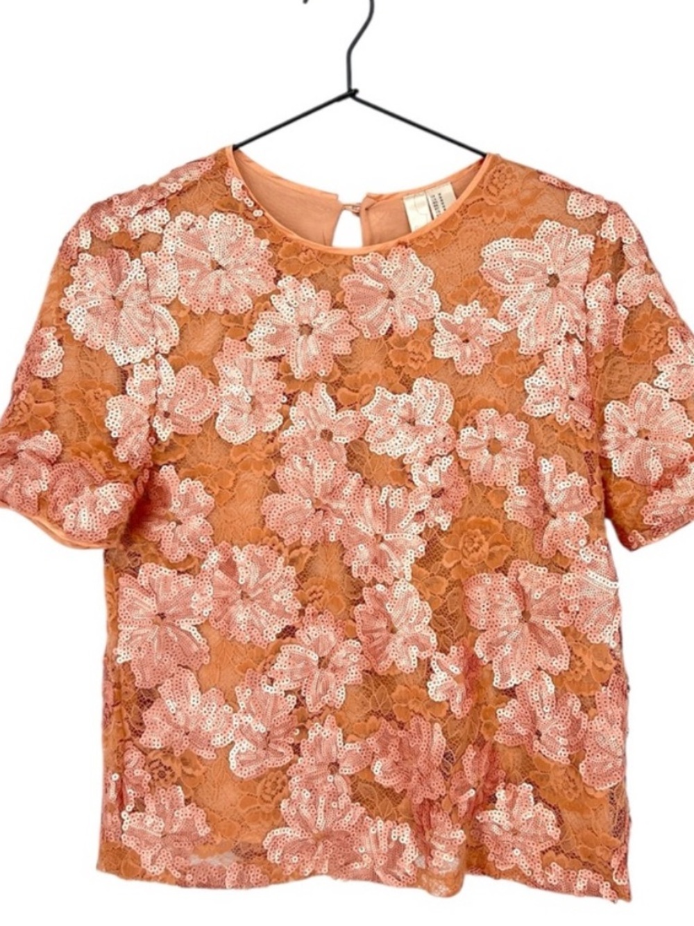 Forever 21 Orange Lace & Pink Sequin Floral Short Sleeve Top